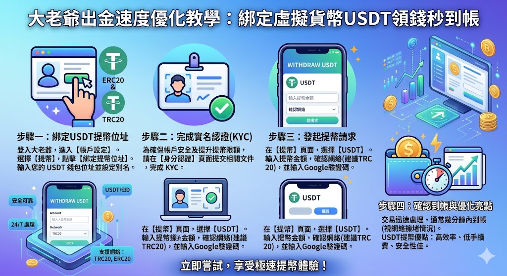 大老爺出金速度優化教學：綁定虛擬貨幣USDT領錢秒到帳