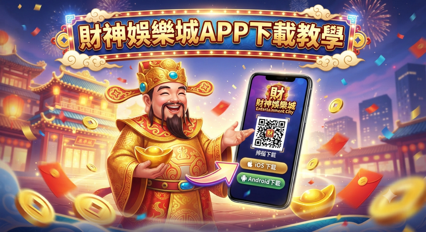 這張圖片展示了財神爺手持元寶,並指向顯示下載資訊的智慧型手機,背景呈現充滿節慶氛圍的傳統建築。 圖像頂部明確標示了「財神娛樂城APP下載教學」,整體設計精緻且充滿好運色彩。