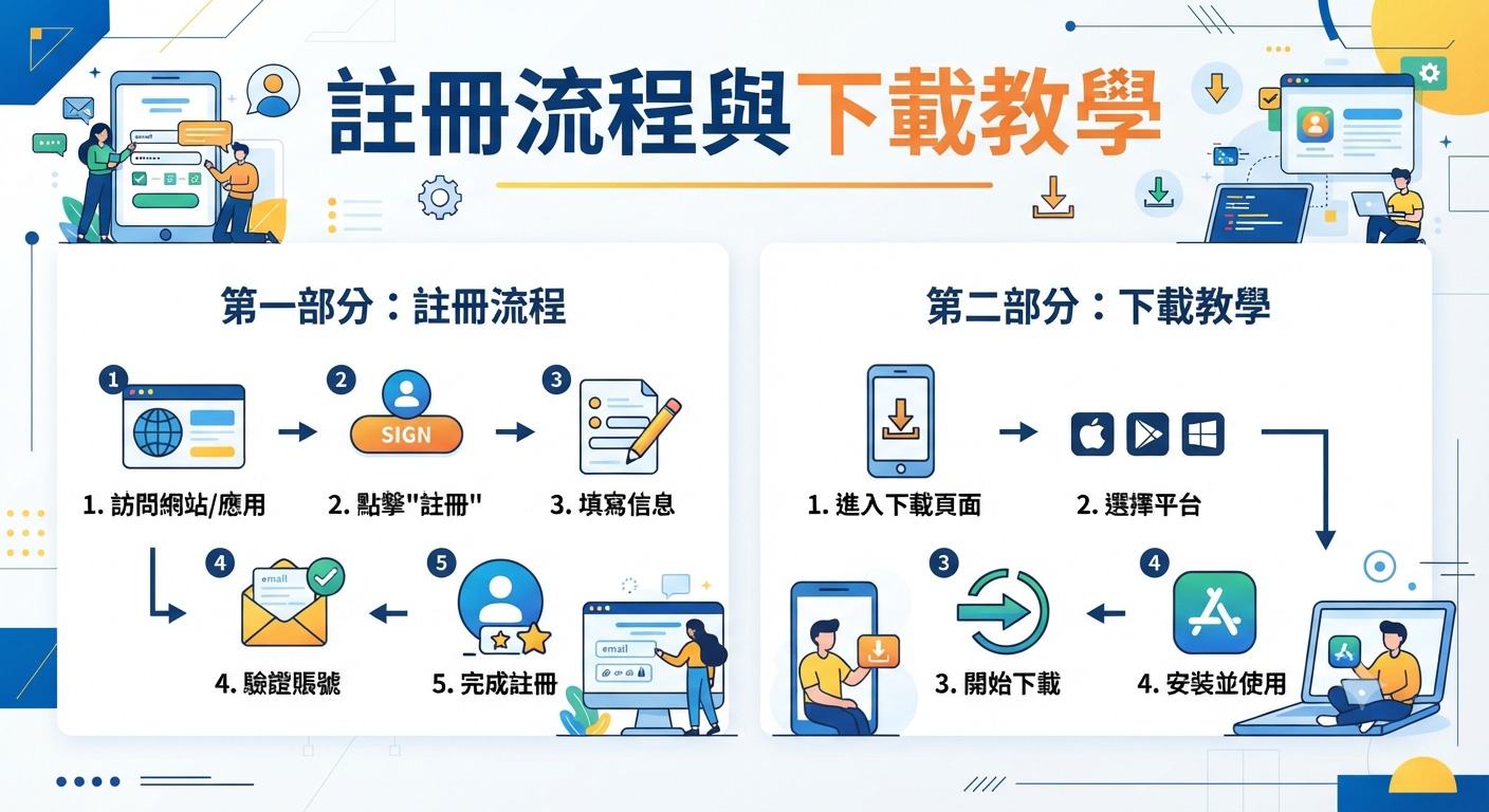 這張圖片呈現了「註冊流程與下載教學」的圖解指南,以清晰的步驟圖示展示了帳號註冊與應用程式下載的完整流程。 設計風格簡約且具有專業感,透過圖文並茂的方式幫助使用者快速掌握操作步驟。