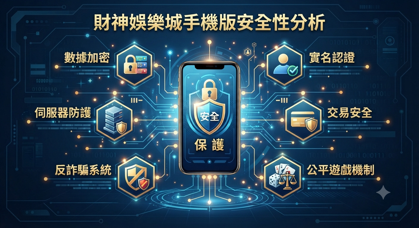 這張圖像以科技風格呈現「財神娛樂城手機版安全性分析」,中心手機顯示安全防護標誌,並環繞各項安全機制圖示。 整體設計強調數據加密、伺服器防護與交易安全,展現平台在行動裝置上的高標準安全技術架構。