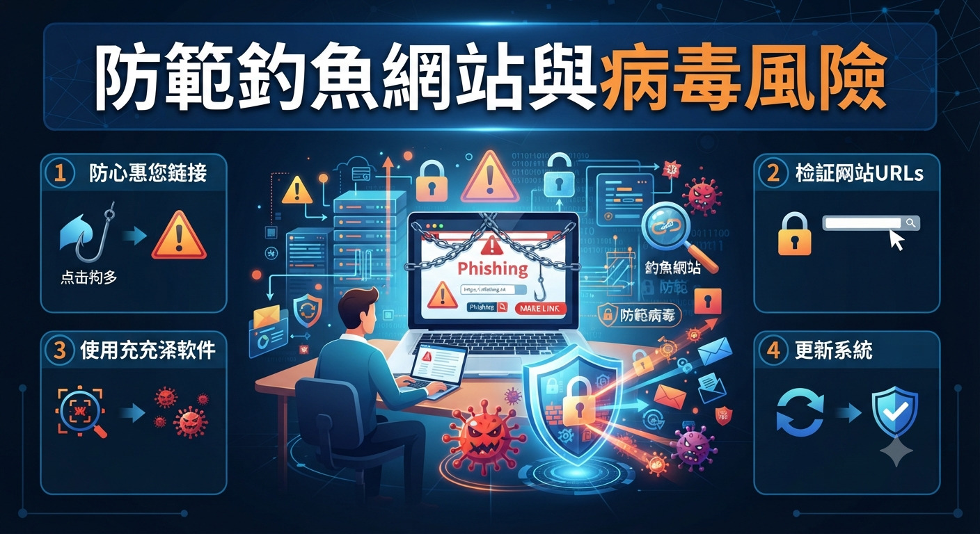 這是一張關於防範釣魚網站與病毒風險的資訊圖表,以科技感藍色調呈現,上方標題為「防範釣魚網站與病毒風險」。 畫面中央描繪使用者在電腦前操作,透過安全防護軟體阻擋威脅,並搭配四個步驟圖示說明如何預防網路攻擊。