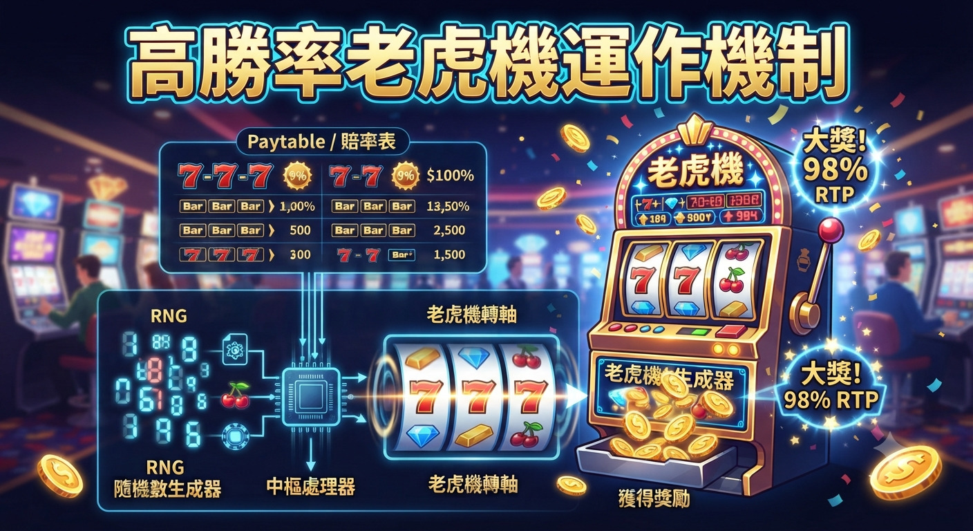 這張圖片展示了高勝率老虎機的運作機制,詳細呈現了隨機數生成器(RNG)、處理器與賠率表之間的技術邏輯。 畫面以老虎機為中心,透過視覺化的數據與圖表說明了如何透過演算法實現高 RTP(玩家回報率)的獲獎過程。