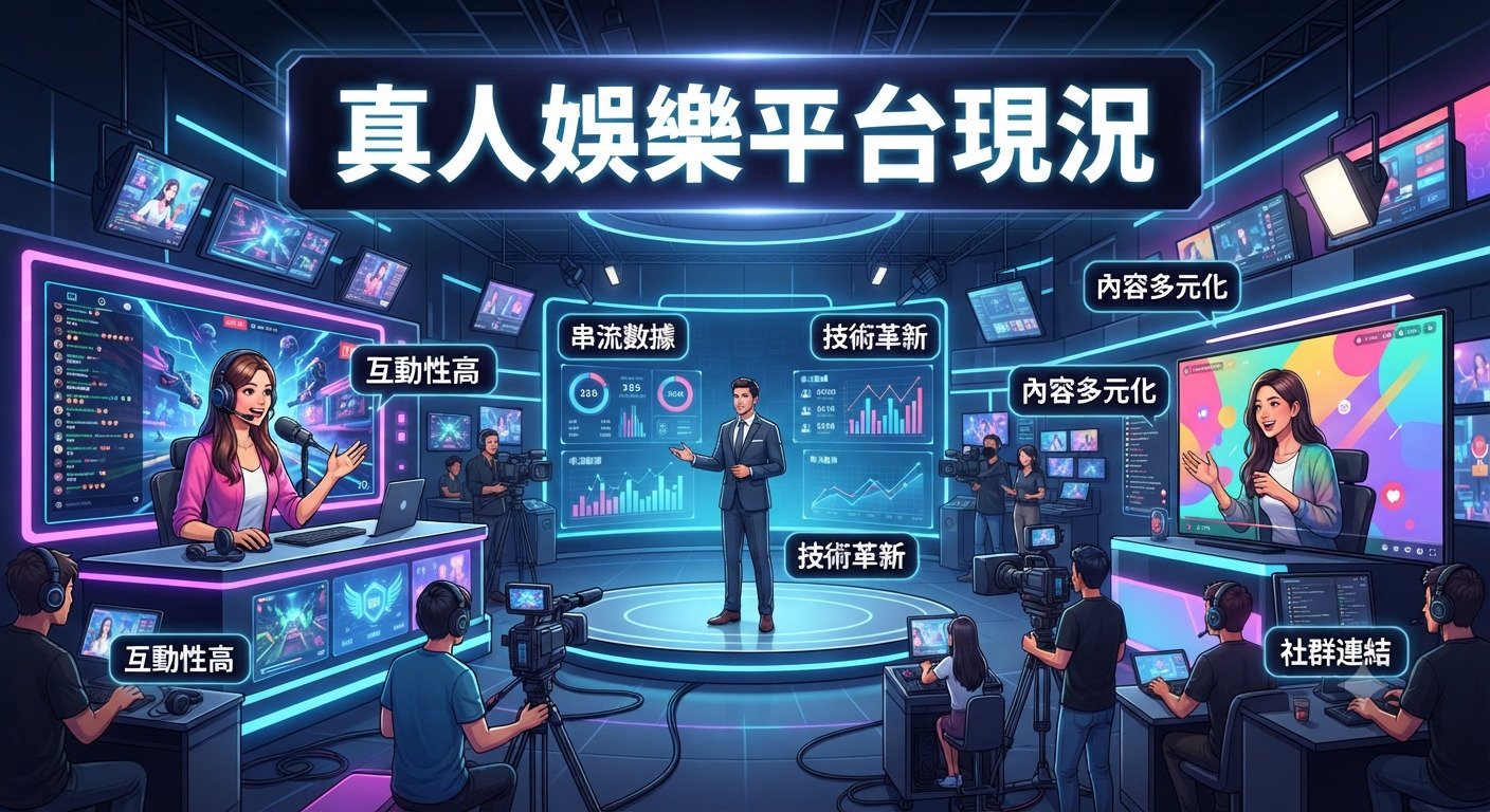 這是一張展示現代化真人娛樂平台的場景圖，畫面中央上方醒目地標示著「真人娛樂平台現況」的標題。 畫面中呈現了專業直播室的環境，包含攝影團隊、多媒體螢幕與主持人員，生動體現了即時互動與技術整合的運作氛圍。