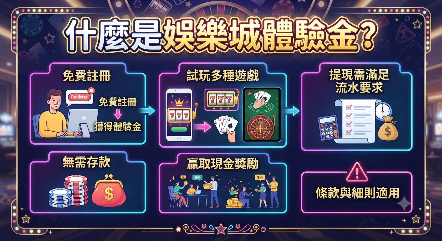 這張圖片以資訊圖表形式介紹娛樂城體驗金,標題清晰呈現主題。 圖中透過簡潔的圖示與文字,概括了註冊領取、遊戲體驗及提現規則等運作流程。