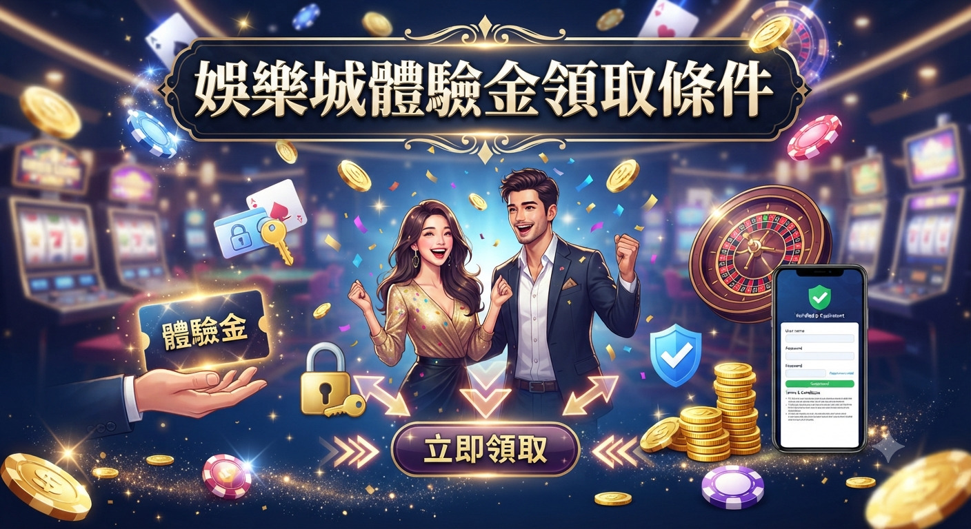 這張圖片展示了娛樂城體驗金領取條件的主題,畫面中有精緻的籌碼、輪盤與電子遊戲機背景。 畫面中央的一對男女顯得相當興奮,並標示了領取獎金的入口與相關驗證步驟,整體設計充滿奢華與動感。