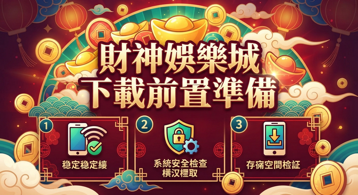 這張圖片以喜慶的紅色與金色為主調,呈現出「財神娛樂城下載前置準備」的標題。 畫面中結合了中國風的裝飾元素與三個步驟的圖示,簡明地指引使用者在下載前的必要準備工作。
