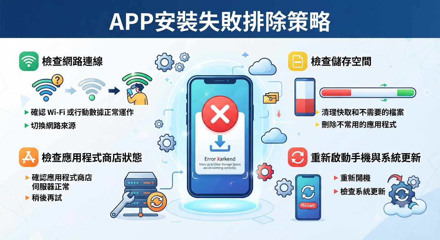 這張圖片以「APP安裝失敗排除策略」為標題,展示了手機安裝應用程式時出現錯誤的故障排除指南。 透過簡潔的圖示與重點說明,引導使用者檢查網路、儲存空間、應用商店狀態及重新啟動設備。