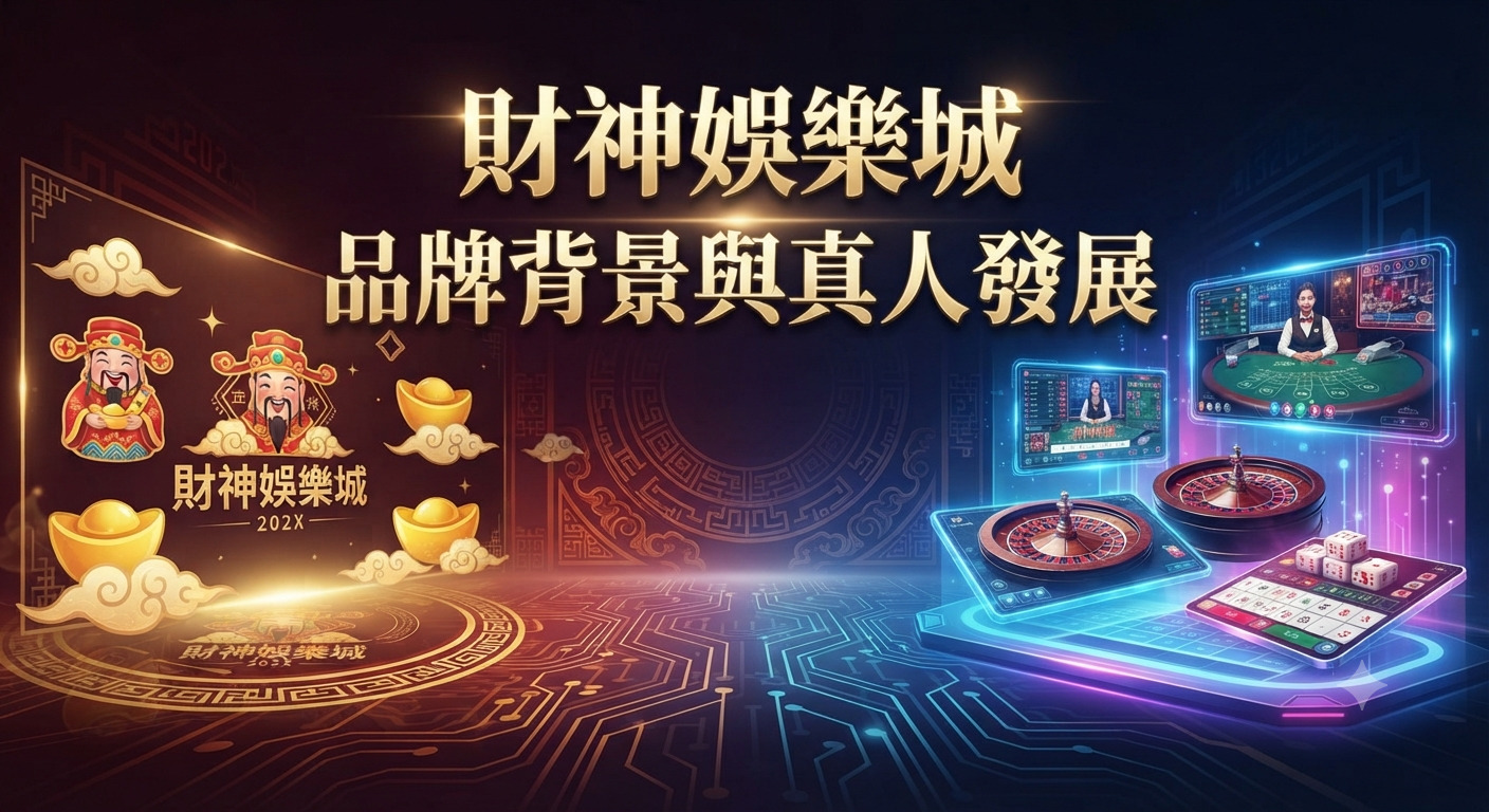 這張圖片以華麗的東方財神與科技感賭場元素為背景,呈現品牌形象。 中央醒目地標示著「財神娛樂城 品牌背景與真人發展」的主題標題。