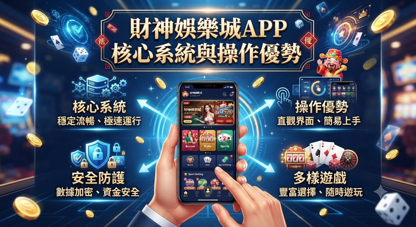 這張圖片展示了財神娛樂城APP的核心系統與操作優勢,背景融合了科技感與娛樂元素。 畫面中央搭配雙手操作手機的視覺效果,突顯流暢、安全與多樣化的遊戲體驗。