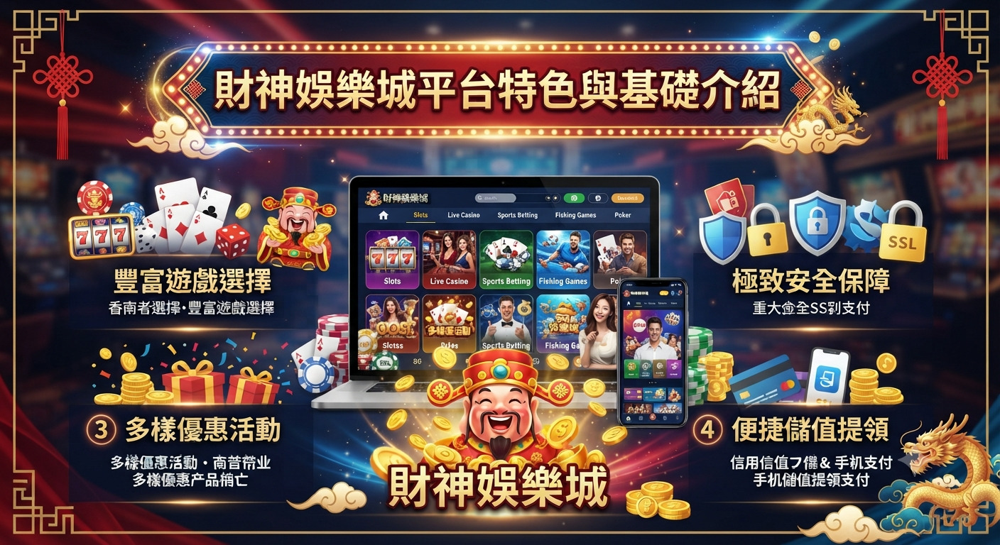 這是一張以「財神娛樂城平台特色與基礎介紹」為主題的宣傳圖片。 畫麵結合了財神爺、賭場元素以及數位平台介面,營造出豐富且喜慶的娛樂城氛圍。