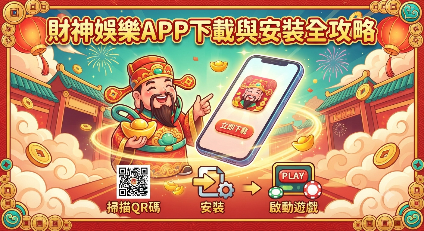 這是一張色彩繽紛的財神娛樂APP下載與安裝攻略宣傳圖片。 畫面上方醒目地展示著「財神娛樂APP下載與安裝全攻略」的主標題,並伴有喜慶的財神與手機下載圖示。