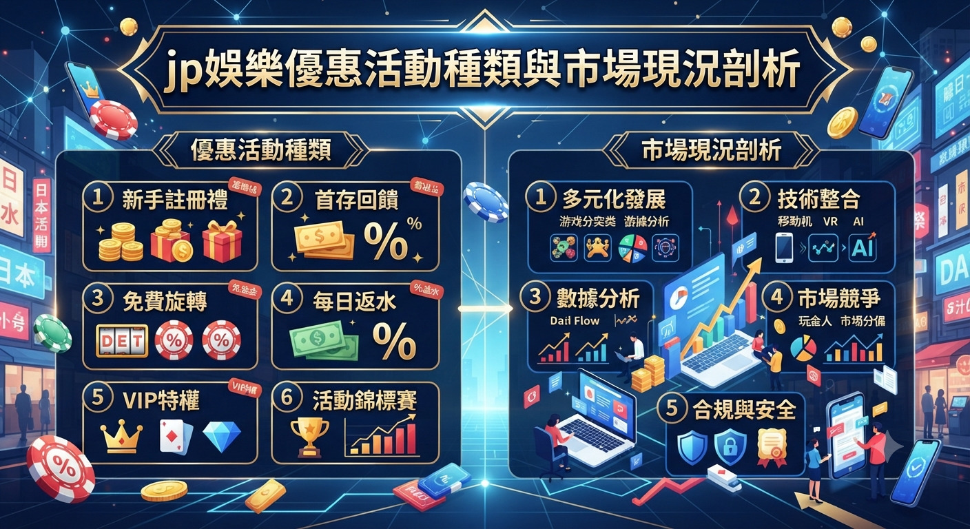這張圖片展示了「jp娛樂優惠活動種類與市場現況剖析」的主題，以科技感與數位化圖表詳細分析了各類娛樂優惠與市場現狀。
