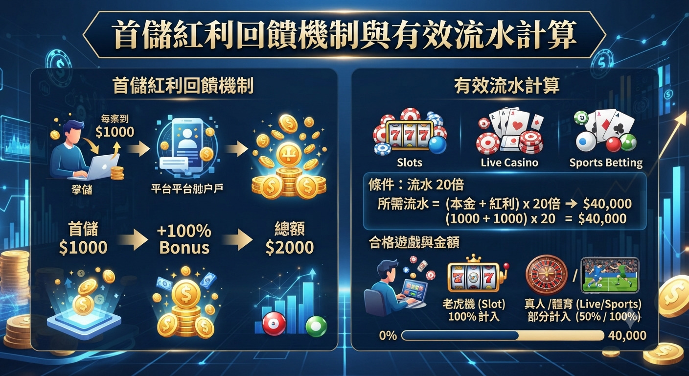 這張圖片展示了線上娛樂城中「首儲紅利回饋機制」的運作流程。 同時以圖表詳細說明了「有效流水計算」的倍數公式與各類遊戲的計入比例。