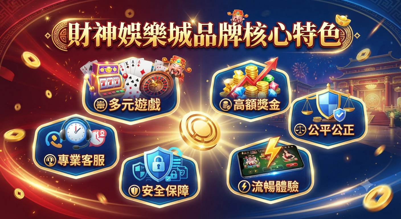 這是一張以「財神娛樂城品牌核心特色」為標題的精美宣傳圖。 畫面透過豐富的視覺圖標展示了多元遊戲、安全保障與流暢體驗等核心優勢。