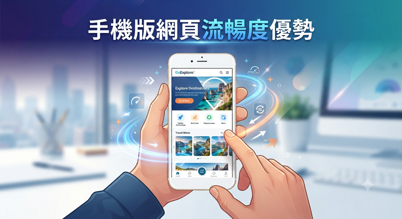 這張圖片展示了一雙手正在流暢地操作手機版網頁,並呈現出高效的網頁互動體驗。 上方醒目地標註了繁體中文標題:「手機版網頁流暢度優勢」。
