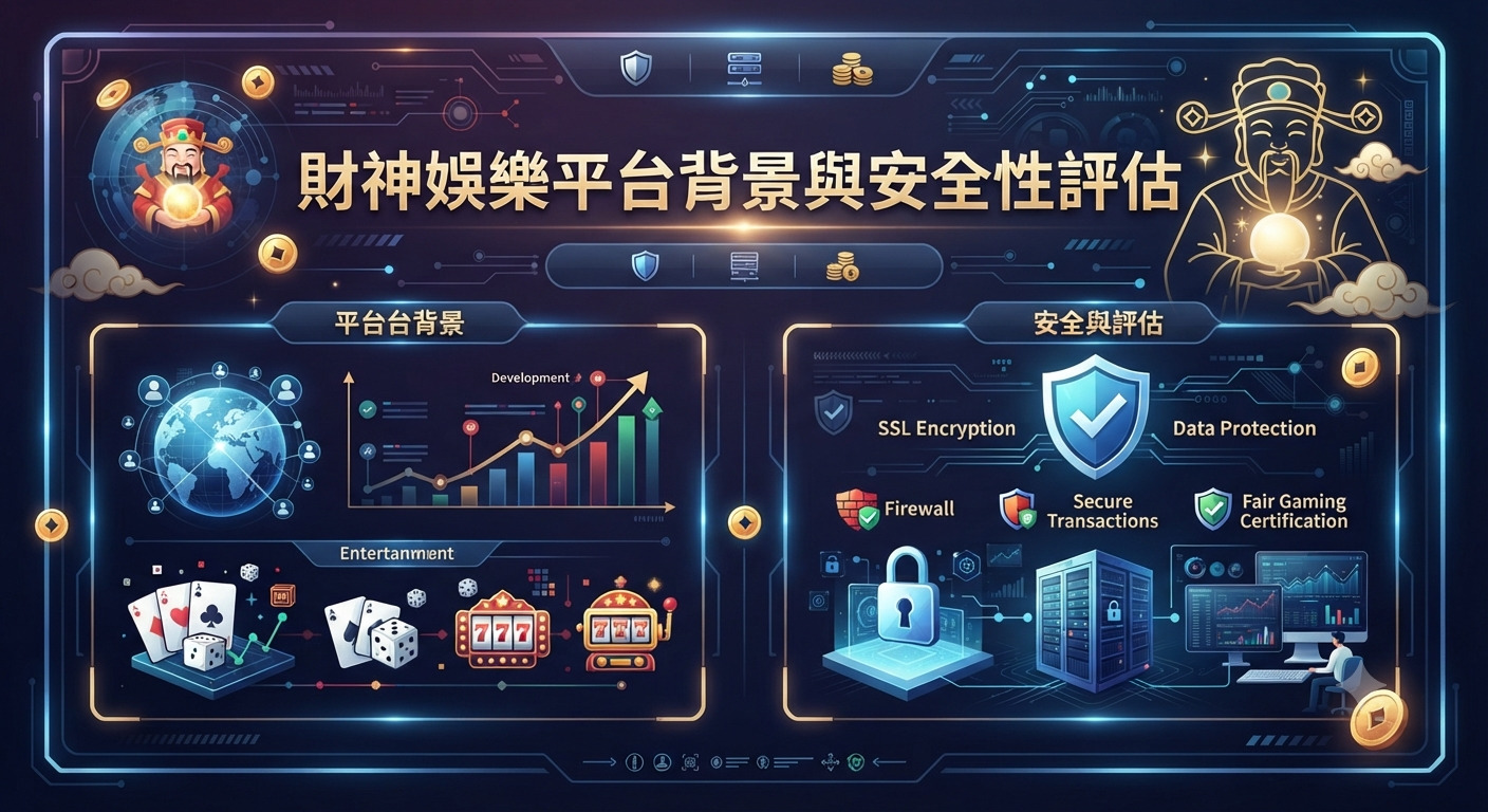 本圖片為「財神娛樂平台背景與安全性評估」主題的資訊圖表,融合了財神爺與高科技資安元素。 畫面透過圖解與圖標展示了娛樂平台的背景概況以及各項加密與伺服器安全防護措施。