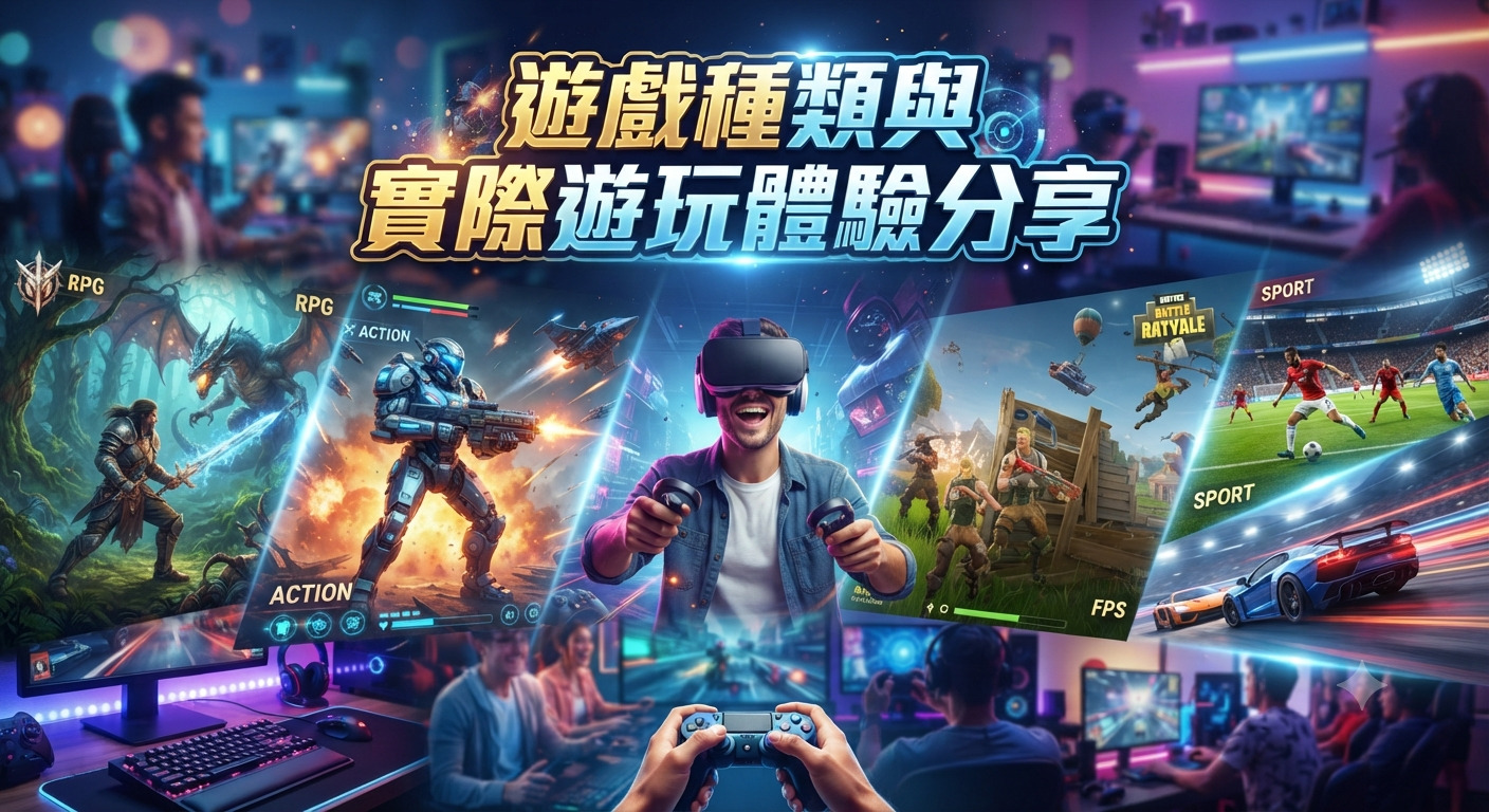 這張圖片展示了各種遊戲種類與玩家們沉浸在虛擬世界中的實際遊玩體驗。 畫面中央醒目地呈現了「遊戲種類與實際遊玩體驗分享」的中文標題。