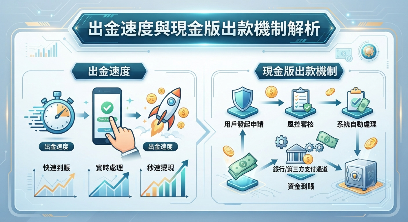 這張圖片解析了現金版的出款機制,並探討了用戶在提現時的各項出金速度與流程。 畫面透過圖表與數位化風格,直觀地展示了從用戶發起申請到資金快速到賬的完整過程。