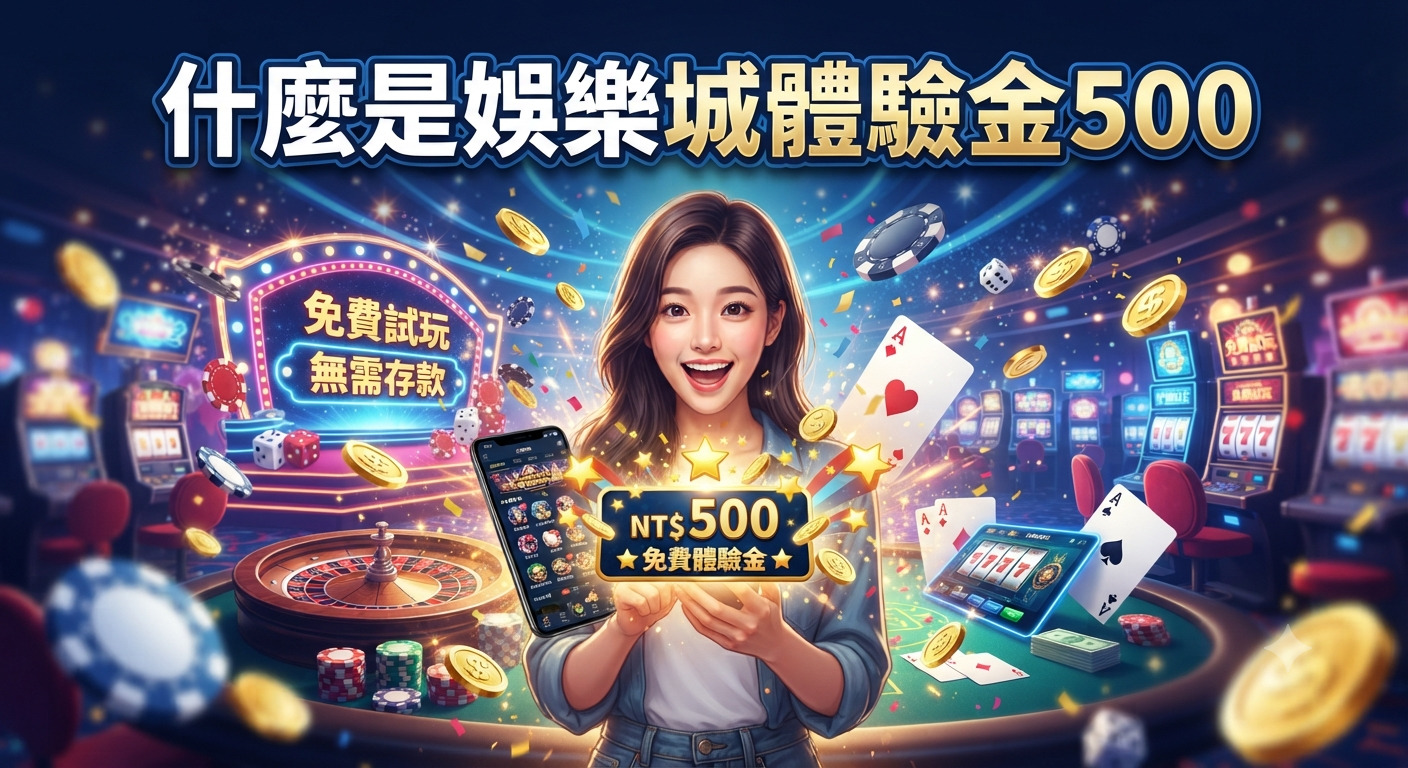 這張圖片展示了一位興奮的年輕女性手持顯示「NT$500 免費體驗金」的手機,背景是絢麗的線上娛樂城與吃角子老虎機。 畫面正上方以醒目的中文字體標示著主題標題「什麼是娛樂城體驗金500」。
