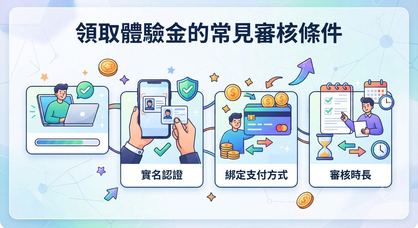 這張圖片的主題是「領取體驗金的常見審核條件」,並透過插圖展示了實名認證、綁定支付方式與審核時長等步驟。 整體風格簡潔且色彩明亮,呈現出專業且易懂的資訊圖表設計。