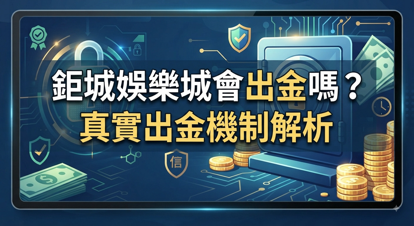 圖片以藍色科技風格為背景,設計了安全鎖、保險箱與金幣圖案。 中央清晰標示標題:「鉅城娛樂城會出金嗎?真實出金機制解析」。