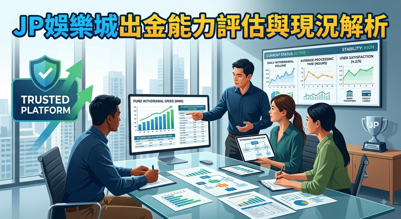 這張圖片展示了一團隊在現代化辦公室進行數據分析與簡報，探討JP娛樂城的出金效率與營運現況。 畫面上方標有清晰的繁體中文標題「JP娛樂城出金能力評估與現況解析」，搭配圖表與安全標章凸顯專業評估氛圍。