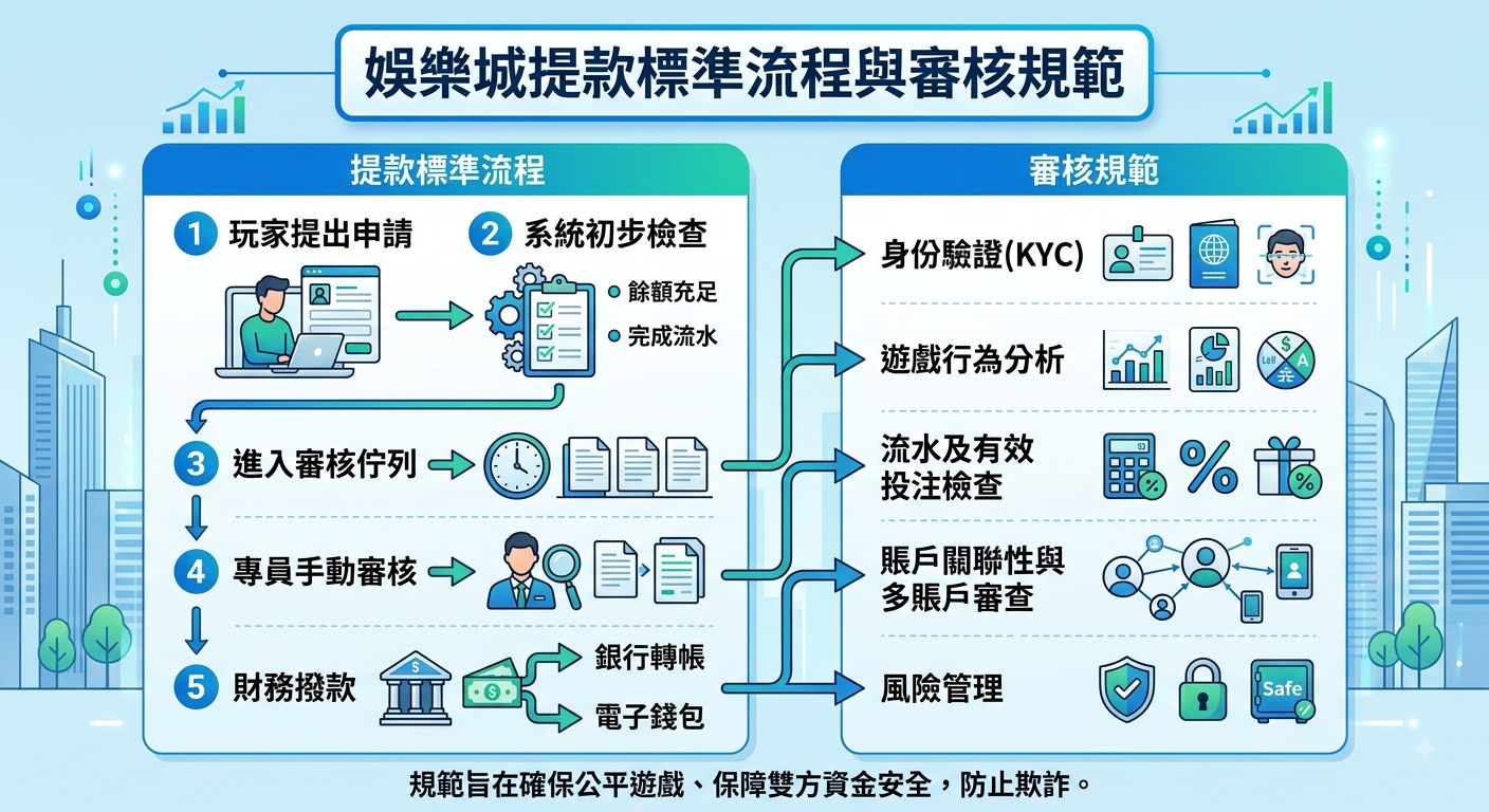 這張圖表清晰展示了娛樂城提款的 5 個標準步驟（從提出申請到財務撥款）。 同時列出 KYC 身份驗證、流水檢查與風控等審核規範，強調流程的安全性與透明度。