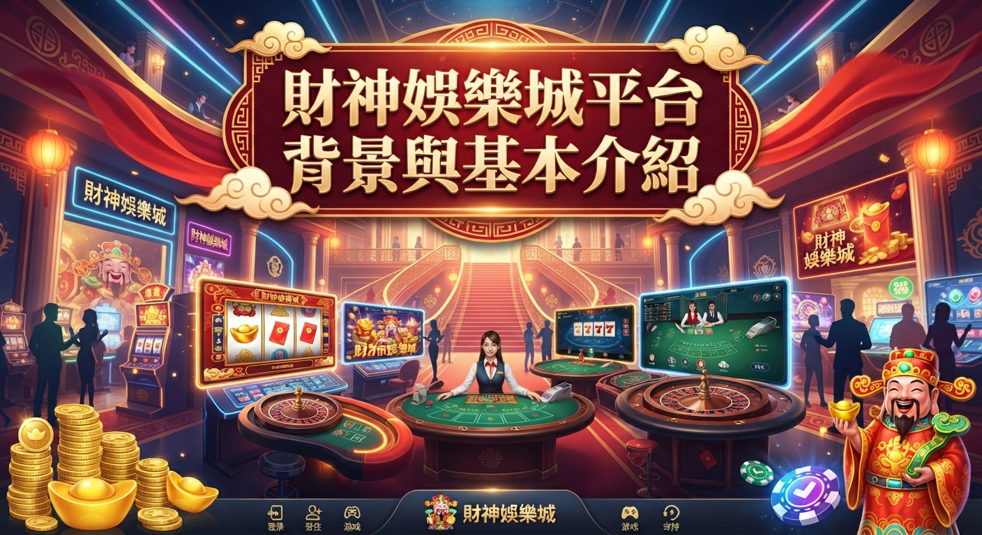 這是一張以「財神娛樂城平台背景與基本介紹」為主題的賭場宣傳圖片。 畫面中融合了財神爺、金元寶、老虎機與豪華賭場元素,並在頂部醒目位置展示了該標題。