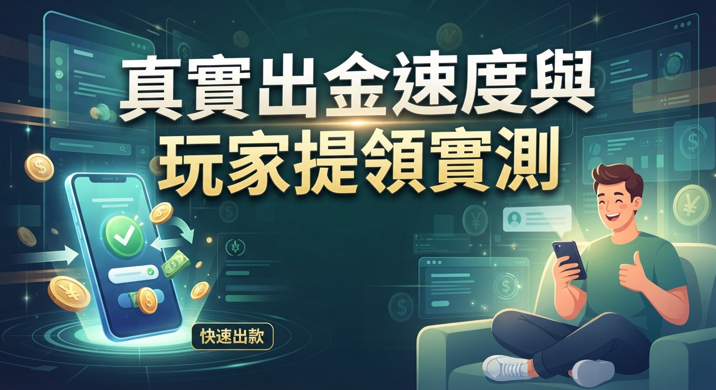 圖片中央醒目地顯示著「真實出金速度與玩家提領實測」的標題。 畫面結合了手機轉帳畫面與玩家滿意微笑的插圖,展現快速且真實的提領體驗。