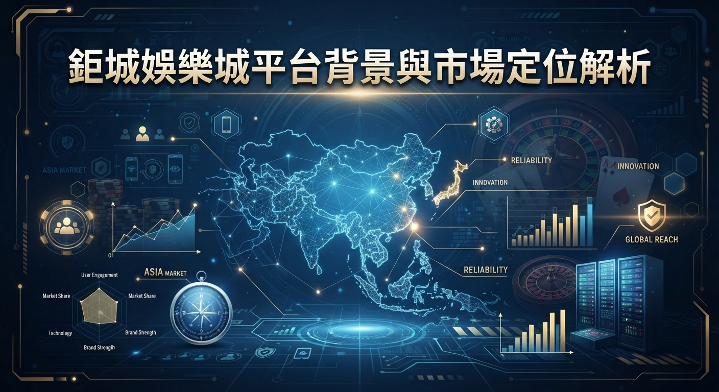 這張圖片以科技感十足的藍色基調呈現,背景結合了地圖網絡與數據圖表。 上方醒目地標示了「鉅城娛樂城平台背景與市場定位解析」的主標題,突顯市場分析的專業主題。