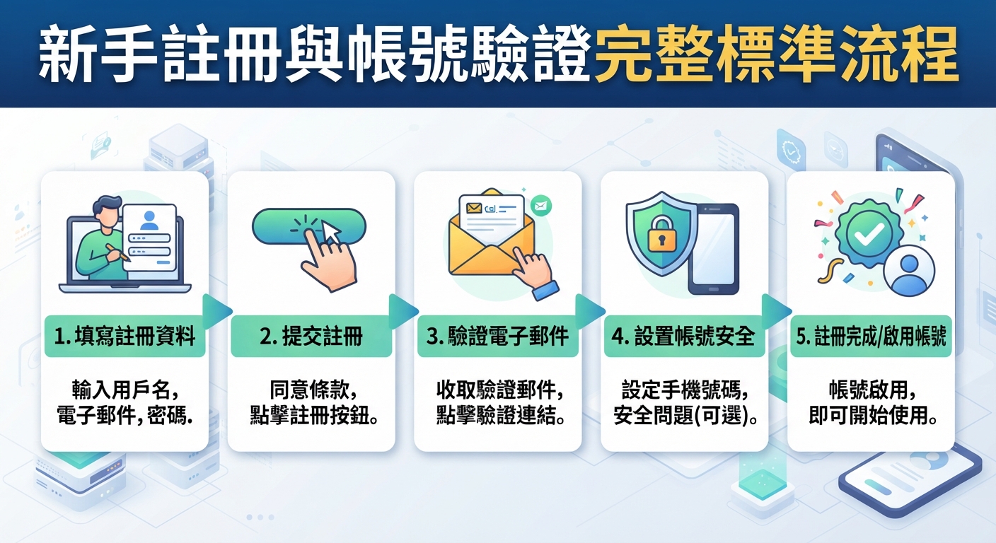 本圖片展示了新手註冊與帳號驗證的完整標準流程,包含五個循序漸進的步驟。 圖中清楚呈現從填寫資料、提交註冊到驗證郵件與啟用帳號的視覺化圖解。